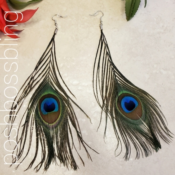 Peacock Feather Dangle Earrings - Picture 1 of 4